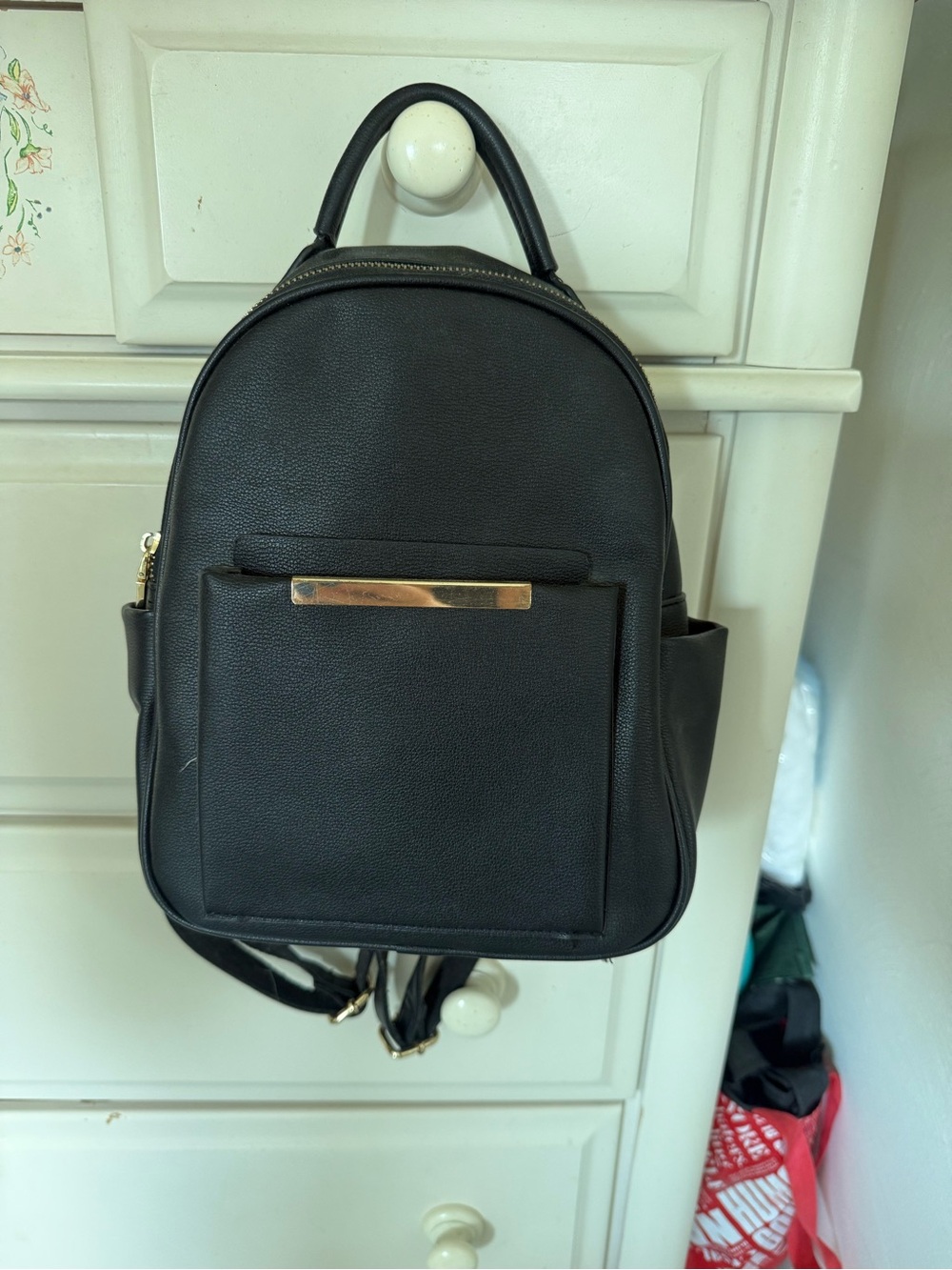 Black Women's Mini Backpack with Gold Accent
